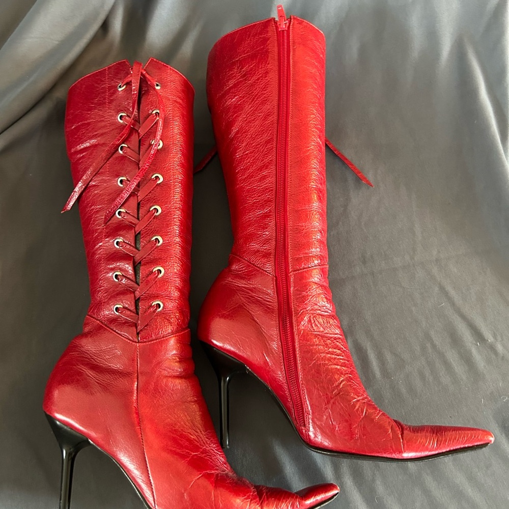Red Leather Knee-High Boots